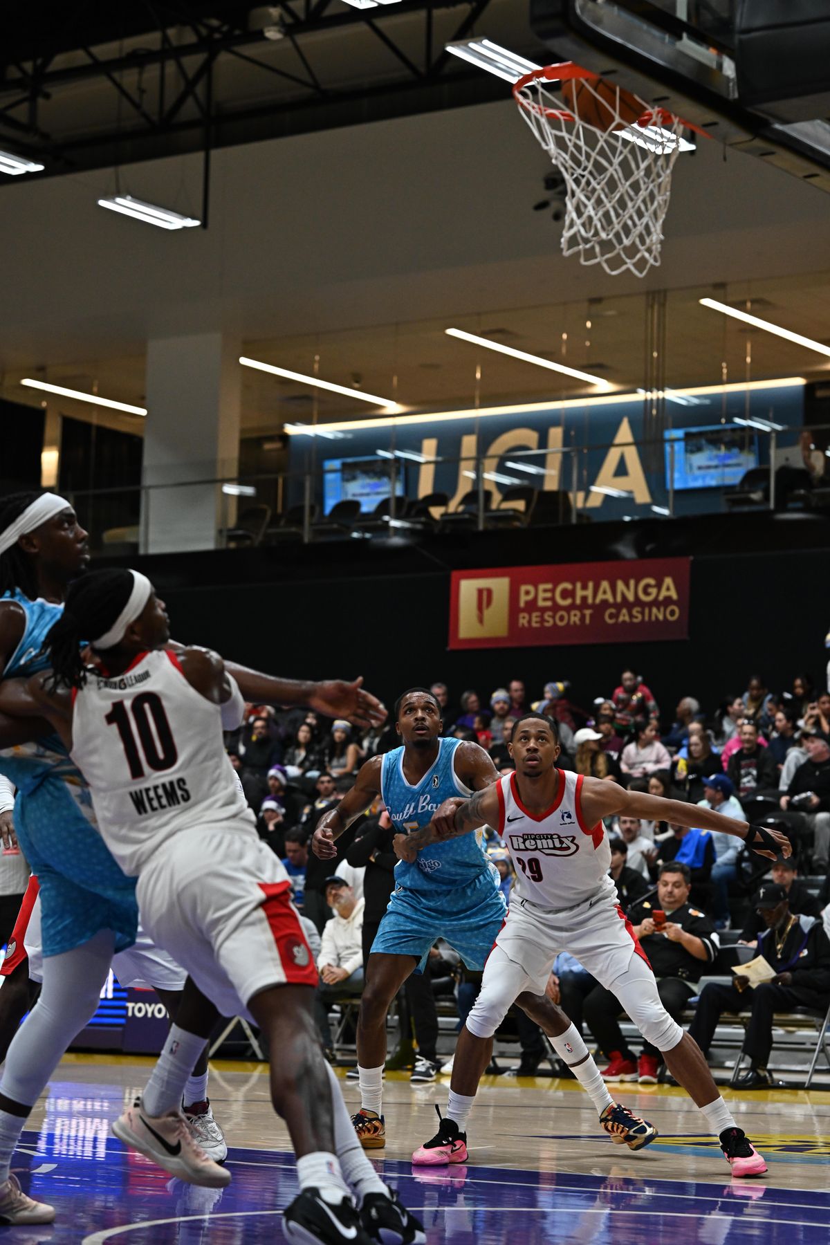 South Bay Lakers guard, Tevian Jones , #5 positions for a rebound during an NBA G League basketball game against the Rip City Remix, Saturday December 13, 2025 atUCLA Health Training Center in El Segundo, Calif.
