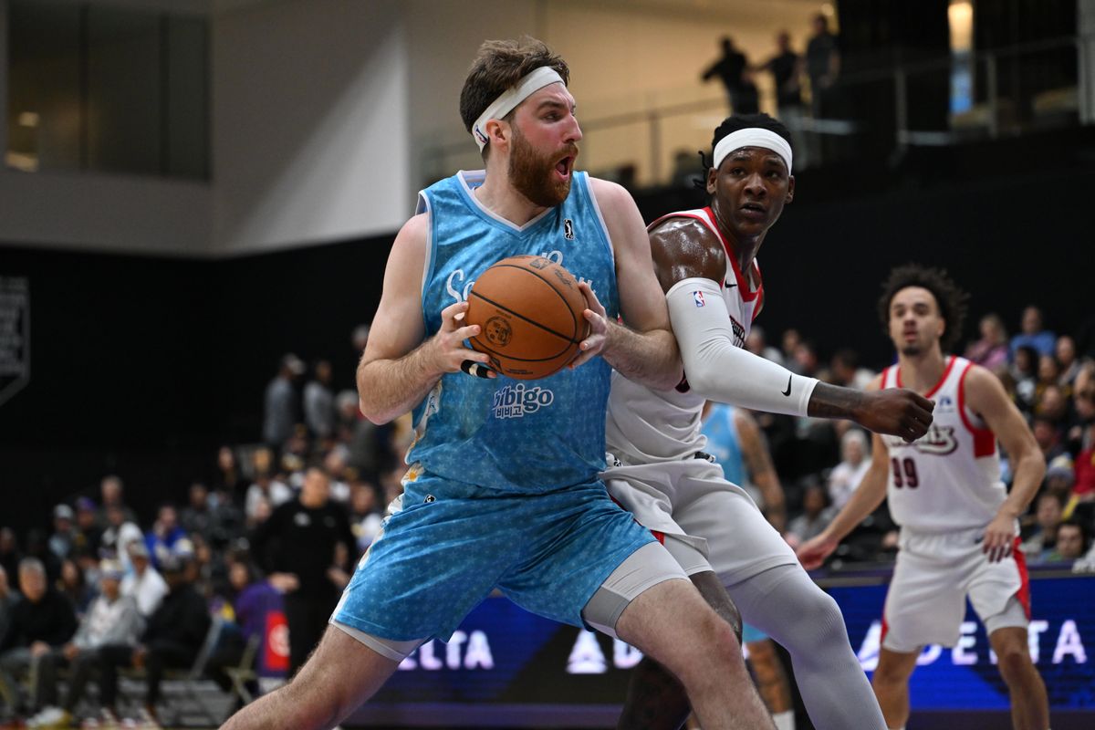 South Bay Lakers forward, Drew Timme, 11 posts up during an NBA G League basketball game against the Rip City Remix, Saturday December 13, 2025 at UCLA Health Training Center in El Segundo, Calif.