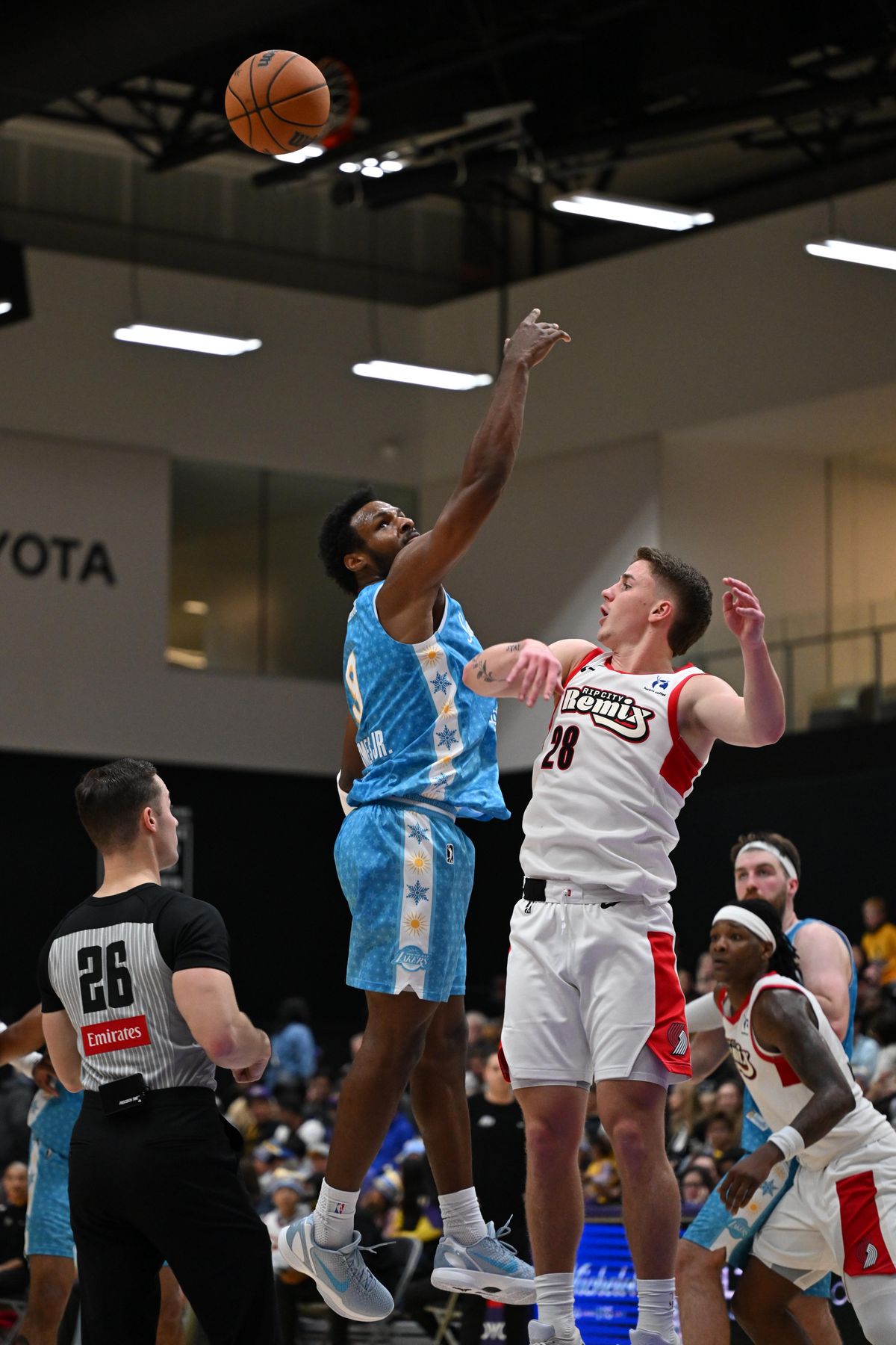 South Bay Lakers guard, Bronny James Jr, #9 jumps up for the ball during an NBA G League basketball game against the Rip City Remix, Saturday December 13, 2025 at UCLA Health Training Center in El Segundo, Calif.