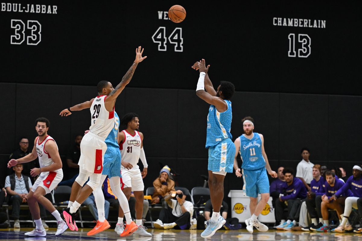 South Bay Lakers guard, Bronny James Jr, #9 shoots a three pointer during an NBA G League basketball game against the Rip City Remix, Saturday December 13, 2025 at UCLA Health Training Center in El Segundo, Calif.