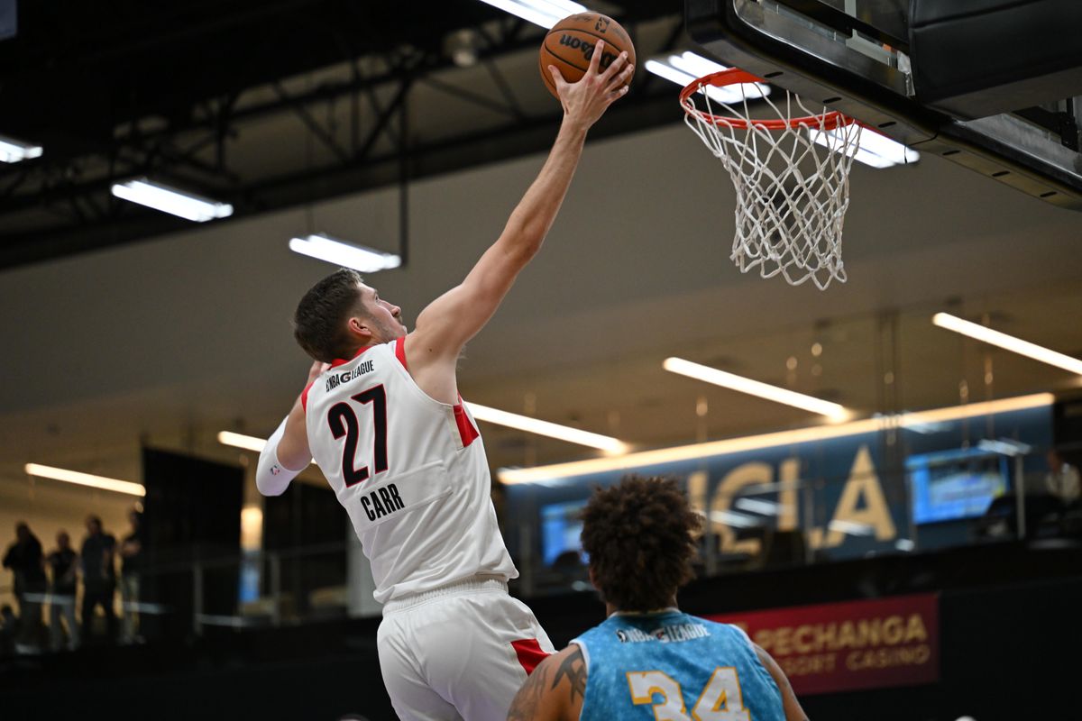 Rip City Remix forward, Andrew Carr, #27 scores during an NBA G League basketball game against the South Bay Lakers, Saturday December 13, 2025 at UCLA Health Training Center in El Segundo, Calif.
