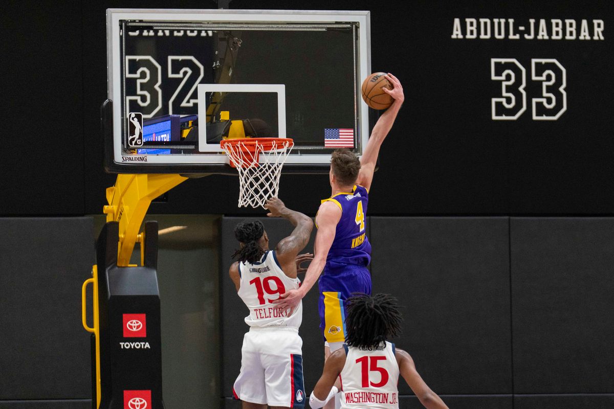 South Bay Lakers forward Dalton Knecht (4) gets a poster dunk during an NBA basketball game against the San Diego Clippers, Tuesday December 16th, 2025 in Los Angeles, California.