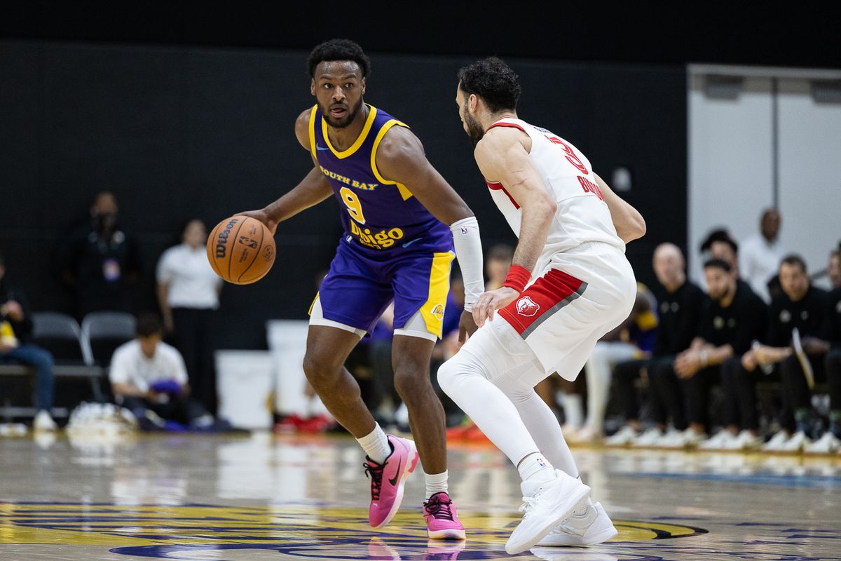 South Bay Lakers guard Bronny James Jr. (9), dribbles during an NBA G League basketball game against the Memphis Hustle, Saturday, January 3, 2026, in El Segundo, Calif.
