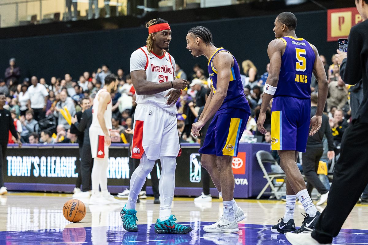 South Bay Lakers guard Kobe Bufkin (6), celebrates during an NBA G League basketball game against the Memphis Hustle, Saturday, January 3, 2026, in El Segundo, Calif.