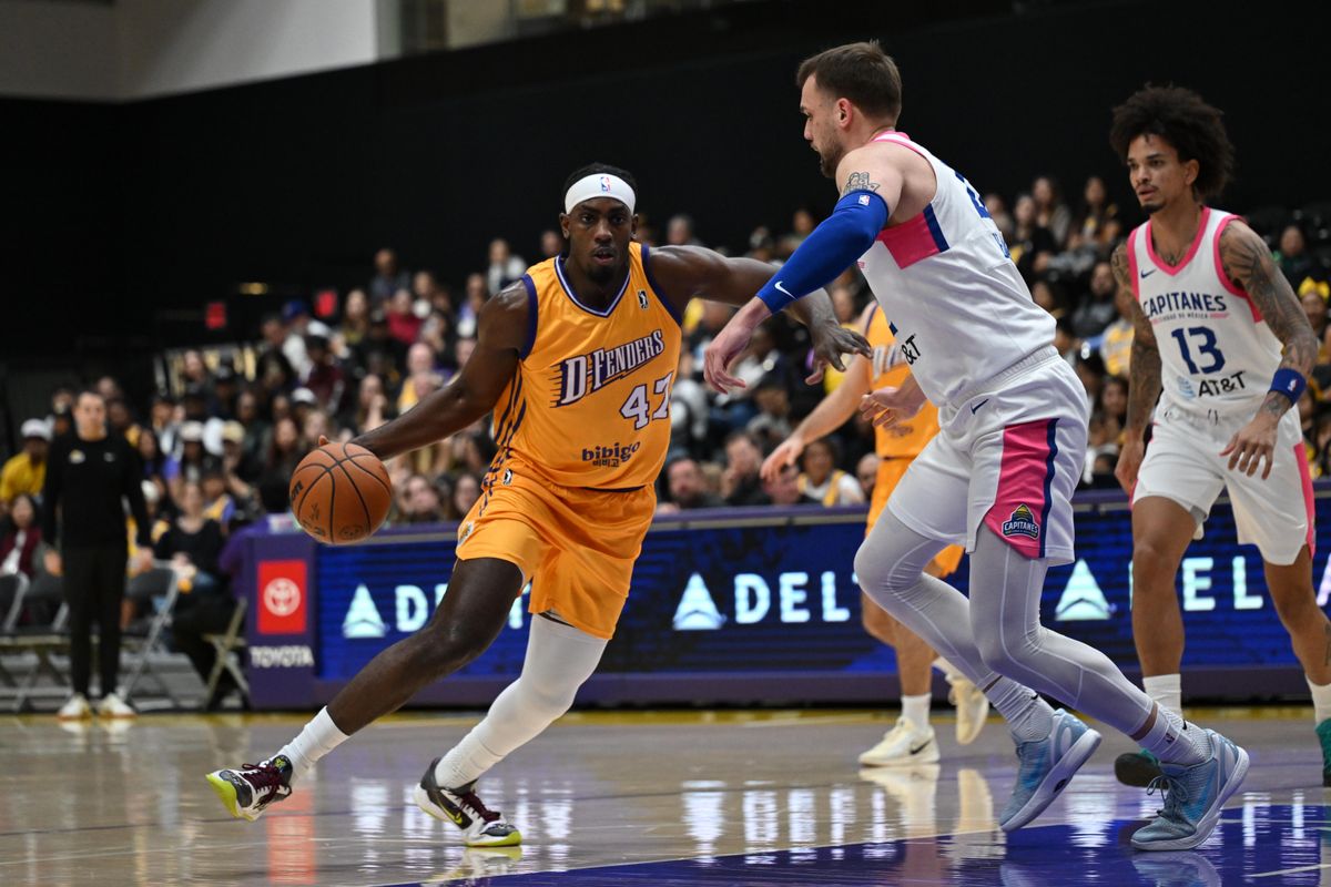 South Bay Lakers Forward Arthur Kaluma (47) makes a move to the basket during a G-League basketball game between the South Bay Lakers and Mexico City Capitanes Saturday, January 24, 2026 at UCLA Health Training Center in El Segundo, Calif.