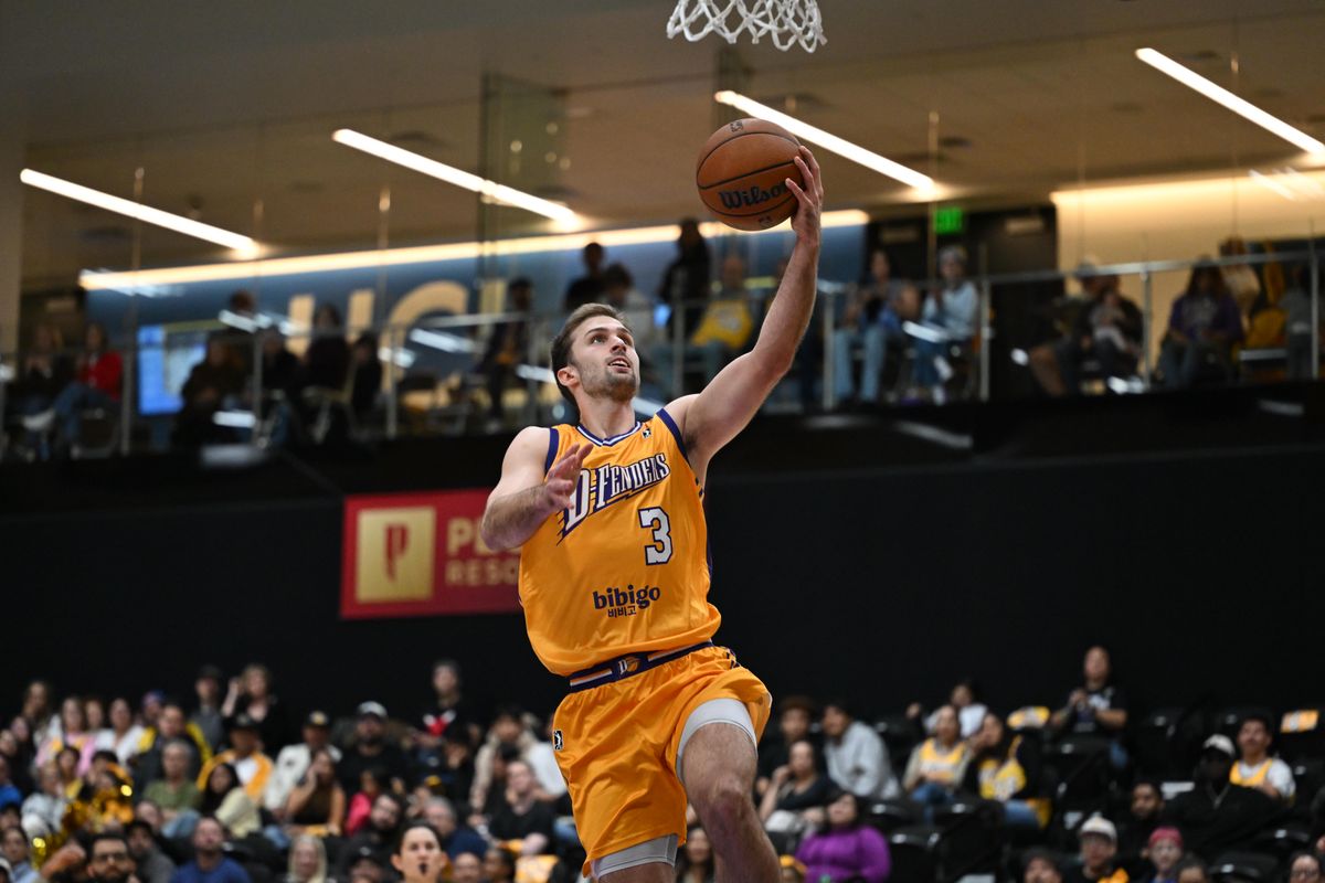 South Bay Lakers guard Augustas Marciulionis (3) makes a layup during a G-League basketball game between the South Bay Lakers and Mexico City Capitanes Saturday, January 24, 2026 at UCLA Health Training Center in El Segundo, Calif.