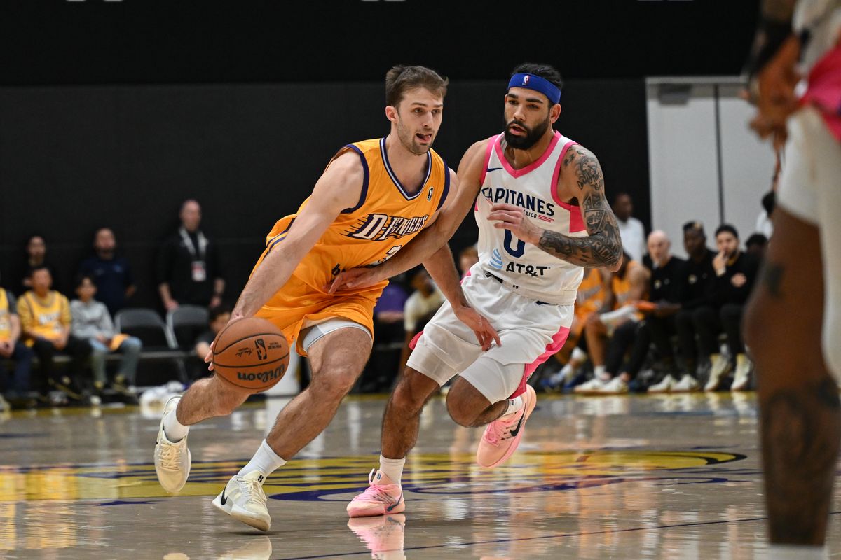 South Bay Lakers guard Augustas Marciulionis (3) drives to the basket during a G-League basketball game between the South Bay Lakers and Mexico City Capitanes Saturday, January 24, 2026 at UCLA Health Training Center in El Segundo, Calif.