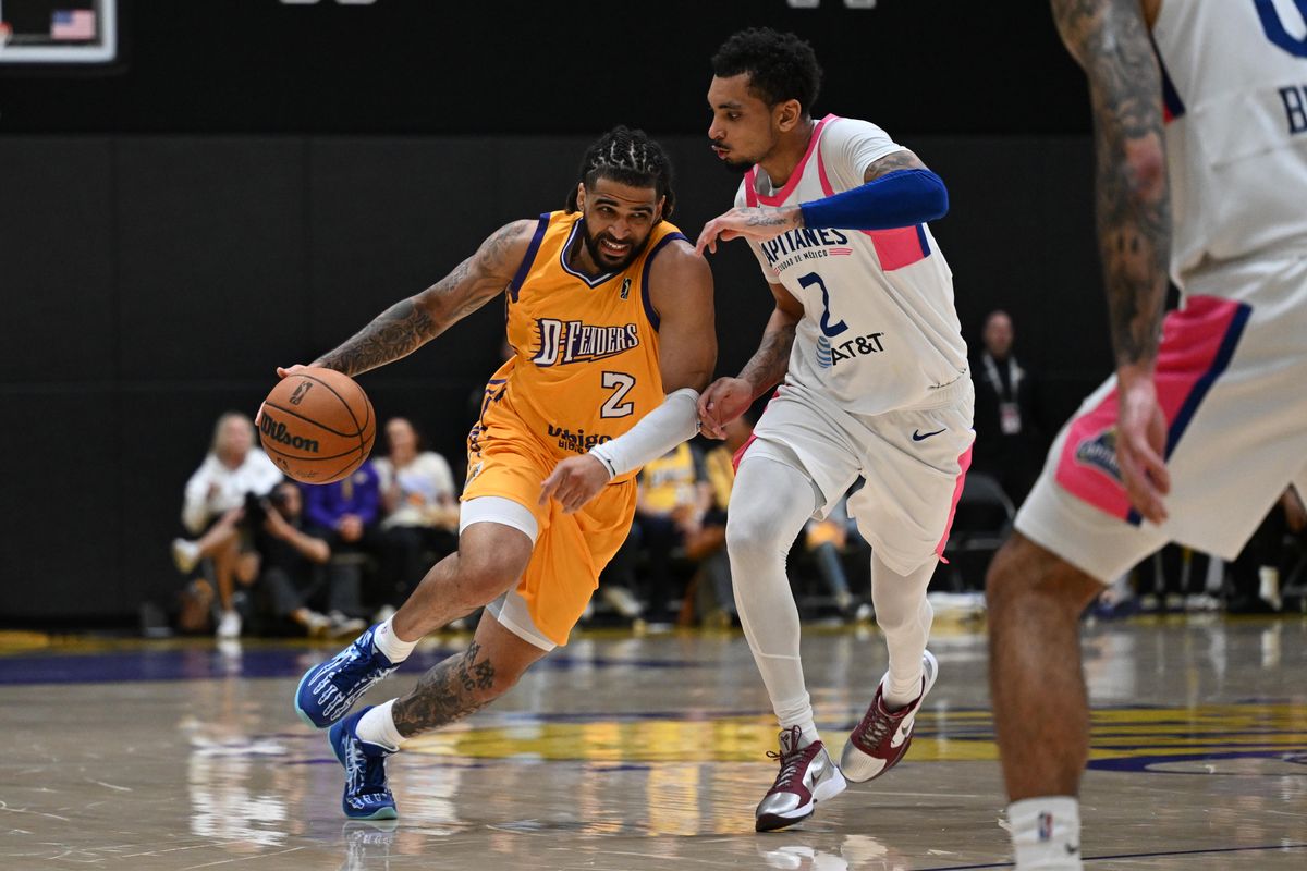 South Bay Lakers guard RJ Davis (2) drives to the basket during a G-League basketball game between the South Bay Lakers and Mexico City Capitanes Saturday, January 24, 2026 at UCLA Health Training Center in El Segundo, Calif.