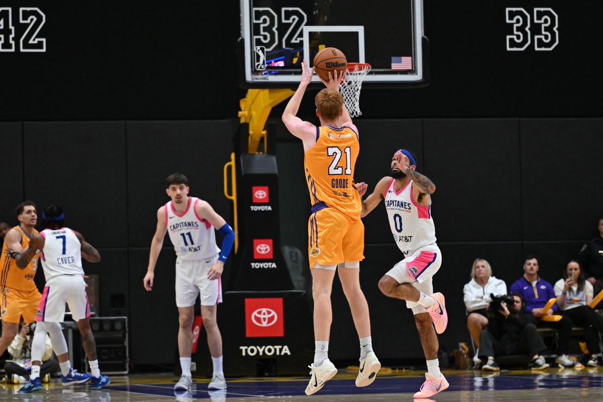 South Bay Lakers guard Luke Goode (21) makes a three-pointer during a G-League basketball game between the South Bay Lakers and Mexico City Capitanes Saturday, January 24, 2026 at UCLA Health Training Center in El Segundo, Calif.