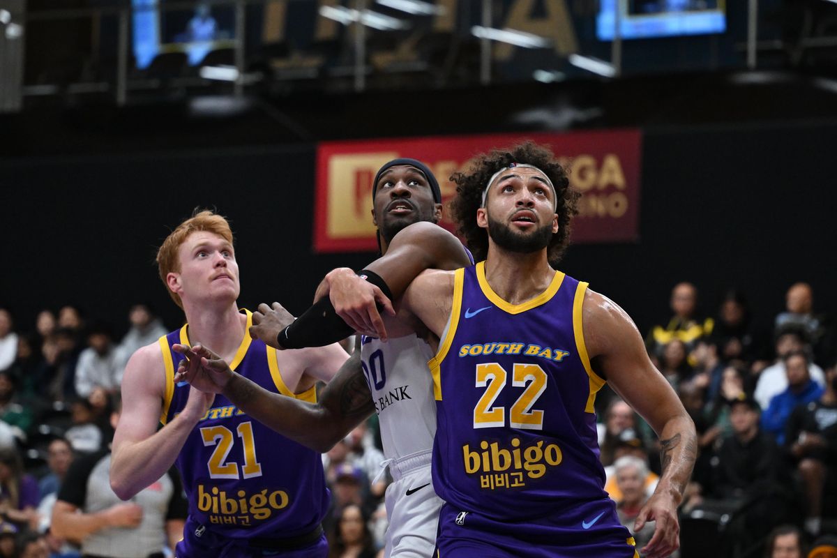 Salt Lake City Stars forward Cam McGriff (00) battles for position under the basket during a G-League basketball game between the South Bay Lakers and Salt Lake City Stars  Saturday, January 31, 2026 at UCLA Health Training Center in El Segundo, Calif.