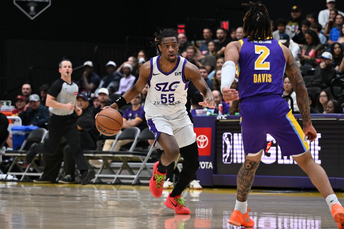 Salt Lake City Stars guard Sean East II (55) makes a move to the basket during a G-League basketball game between the South Bay Lakers and Salt Lake City Stars Saturday, January 31, 2026 at UCLA Health Training Center in El Segundo, Calif.