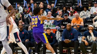 Paint scoring and forced turnovers propel South Bay Lakers to sixth consecutive win taken at UCLA Health Training Center (South Bay Lakers). Photo by Nico Alba - The Sporting Tribune