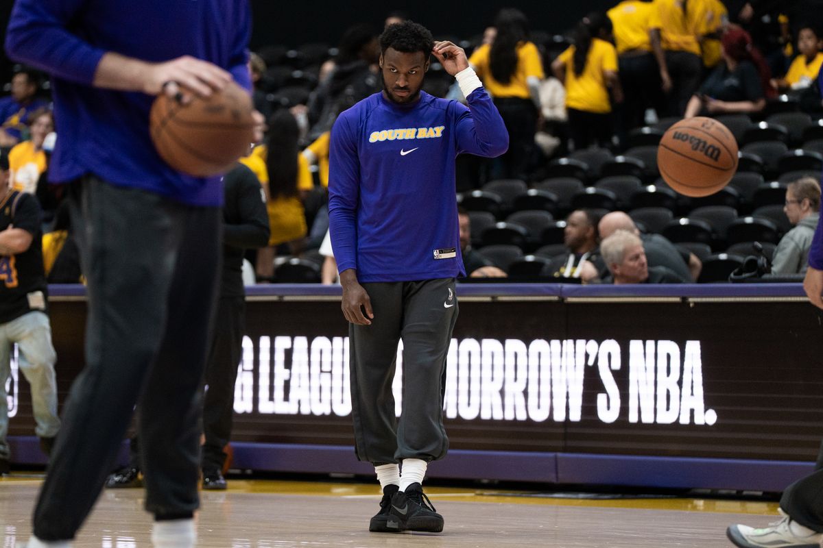 South Bay Lakers guard Bronny James (9) mentally preparing for his game during an NBA G-League basketball game against the Iowa Wolves, Wednesday March 11th, 2026 in Los Angeles, California.