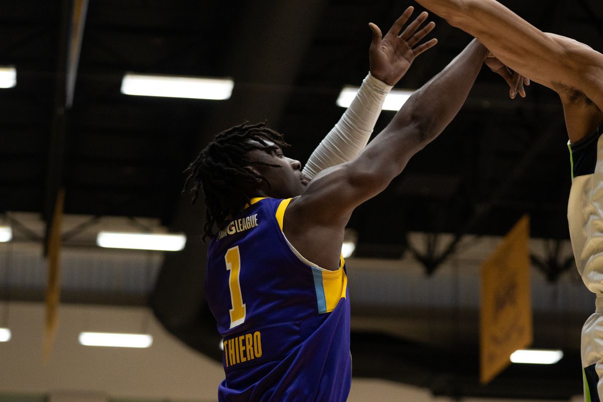 South Bay Lakers guard Adou Thiero (1) shoots over his defender during an NBA G-League basketball game against the Iowa Wolves, Wednesday March 11th, 2026 in Los Angeles, California.