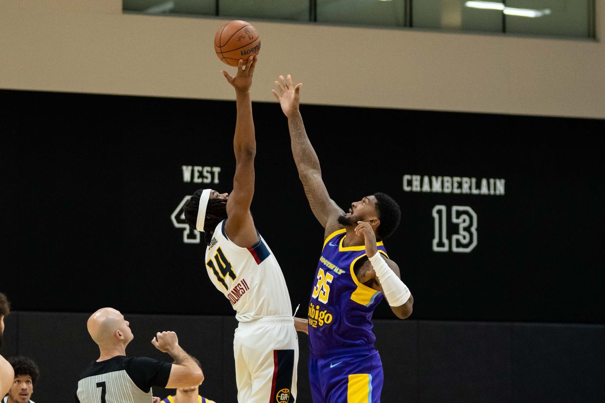 South Bay Lakers center Malik Williams (35), jumps for the ball during an NBA G-League basketball game against the Grand Rapids Gold, Friday March 20th, 2026 in El Segundo California South Bay Lakers center Malik Williams (35), jumps for the ball during an NBA G-League basketball game against the Grand Rapids Gold, Friday March 20th, 2026 in El Segundo California