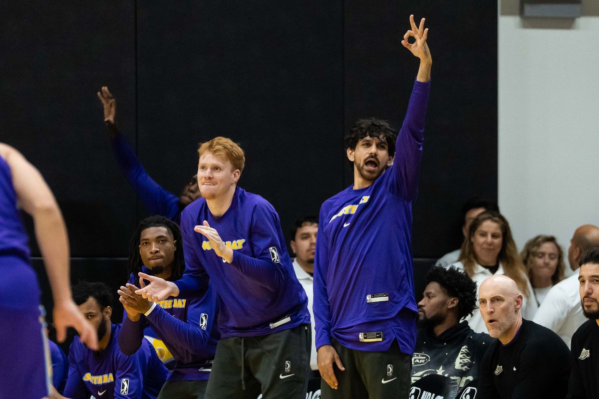 South Bay Lakers bench celebrate a three-pointer during an NBA G-League basketball game against the Grand Rapids Gold, Friday March 20th, 2026 in El Segundo California South Bay Lakers bench celebrate a three-pointer during an NBA G-League basketball game against the Grand Rapids Gold, Friday March 20th, 2026 in El Segundo California