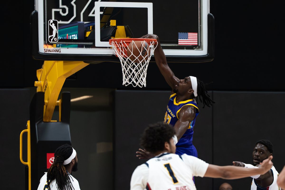 South Bay Lakers forward Arthur Kaluma (47) dunks off a pass from his teammate during an NBA G-League basketball game against the Grand Rapids Gold, Saturday March 21st, 2026 in El Segundo California