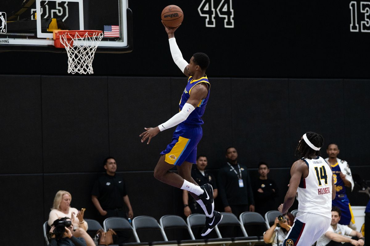 South Bay Lakers forward Tevian Jones (5) glides his way for two points during an NBA G-League basketball game against the Grand Rapids Gold, Saturday March 21st, 2026 in El Segundo California