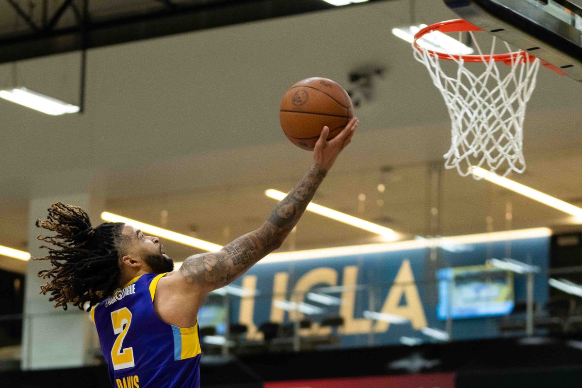 South Bay Lakers guard RJ Davis (2), drives to the basket during an NBA G-League basketball game against the Stockton Kings, Tuesday March 24th, 2026 in El Segundo California