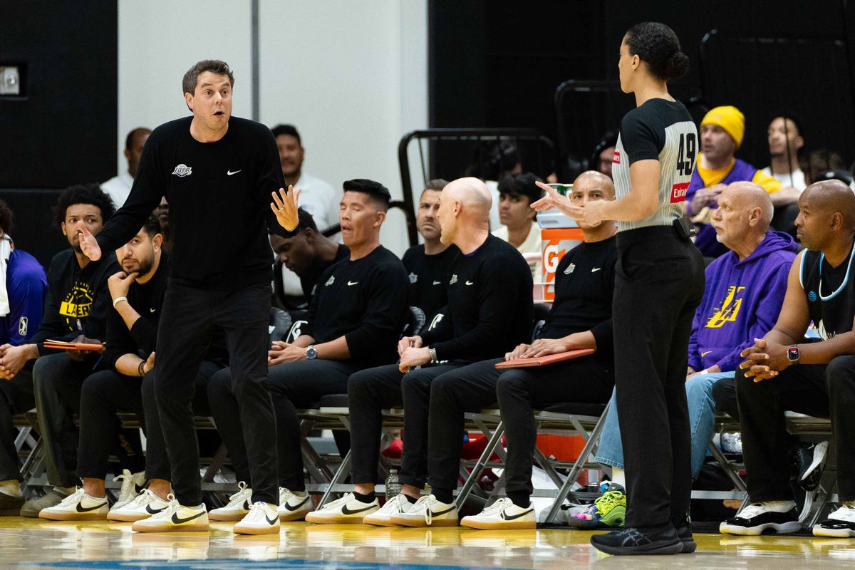 South Bay coach Zach Guthrie upset with a call during an NBA G-League basketball game against the Stockton Kings, Tuesday March 24th, 2026 in El Segundo California