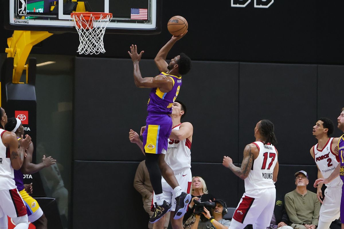 South Bay Lakers guard Bronny James (9) shoots the basketball during  G League game against the Sioux Falls Skyforce on March 26, 2026 in El Segundo, CA.