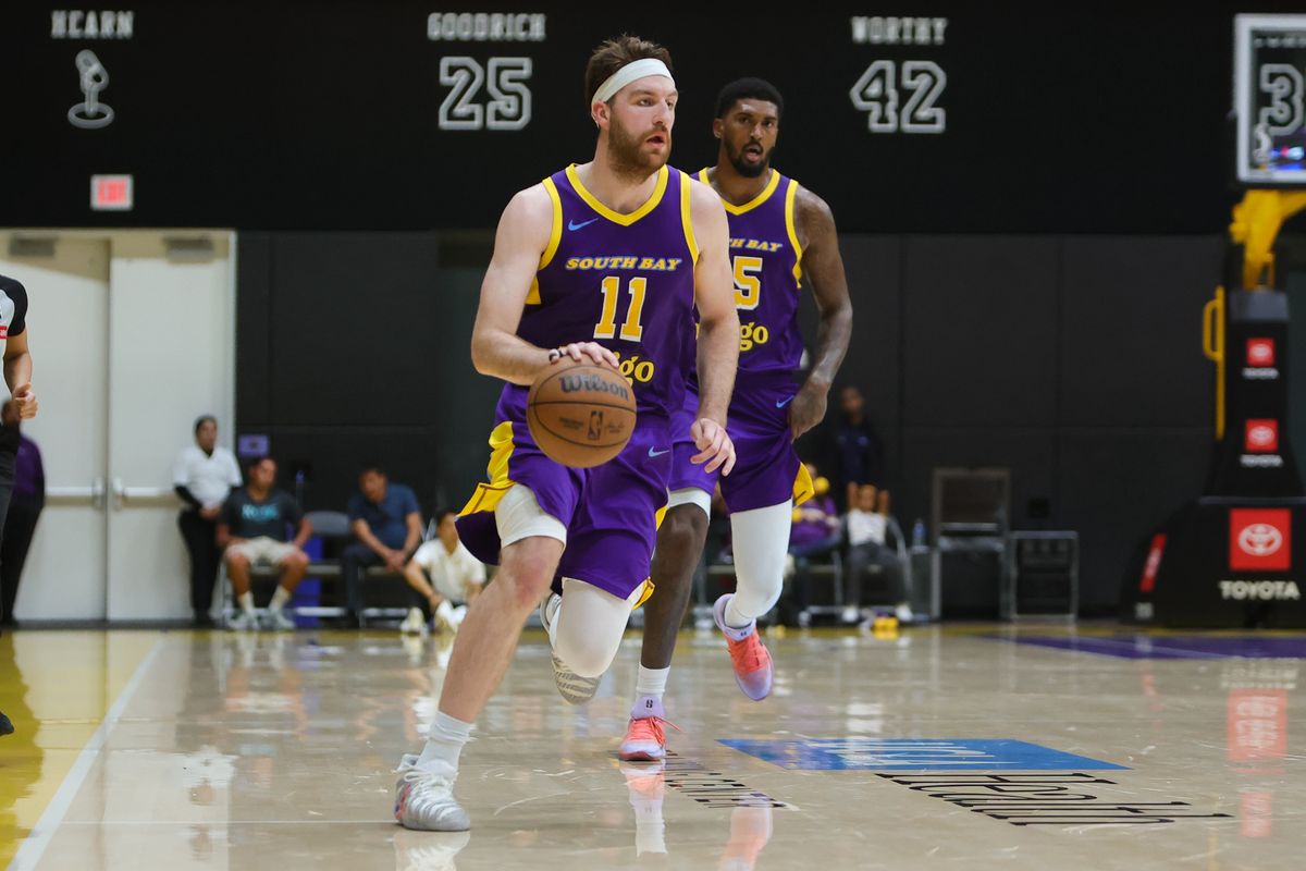 South Bay Lakers center Drew Timme (11) dribbles the basketball during  G League game against the Sioux Falls Skyforce on March 26, 2026 in El Segundo, CA.