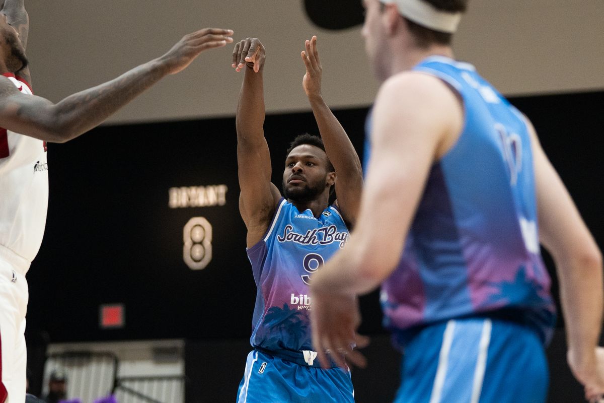 South Bay Lakers guard Bronny James JR (9) shoots a three during  G League game against the Sioux Falls Skyforce on March 28, 2026 in El Segundo, CA.