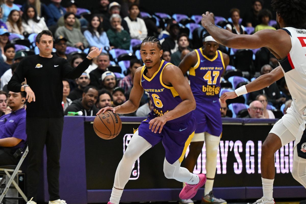 South Bay Lakers guard Kobe Bufkin (6) dribbles the ball downcourt during an NBA G-League playoff game between the San Diego Clippers and the South Bay Lakers Wednesday, April 1, 2026 at UCLA Health Training Center in El Segundo, Calif.