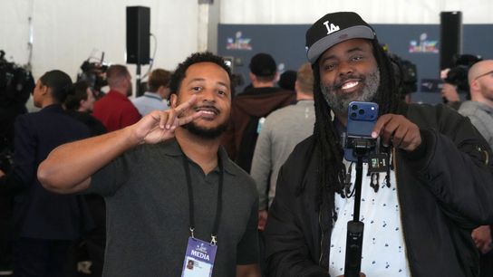 Culver City News correspondents Mykell Mathieu (left) and Eric Lambkins III pose pose during Super Bowl LX press conference at Santa Clara Marriott. Culver City News correspondents Mykell Mathieu (left) and Eric Lambkins III pose pose during Super Bowl LX press conference at Santa Clara Marriott.