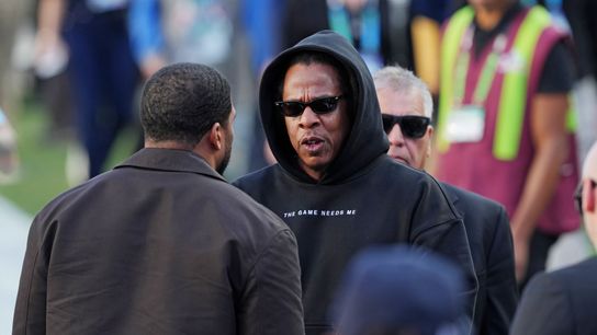 The man who books the Super Bowl just booked himself — and only Jay-Z could pull off a crime this elegant taken at NFL Headquarters (NFL). Photo by Darren Yamashita-Imagn Images