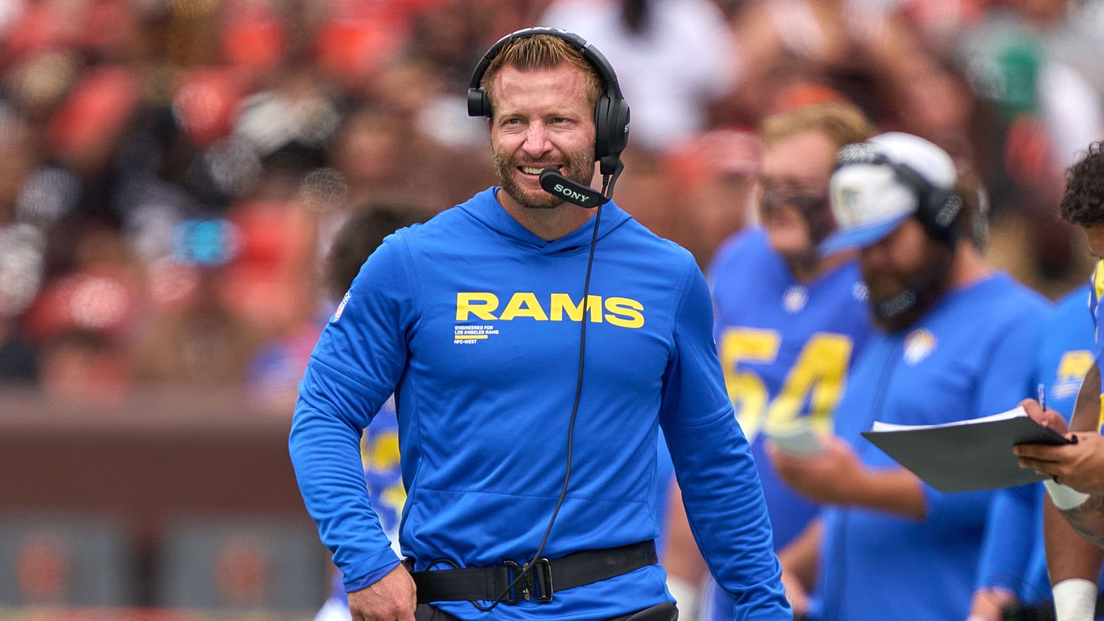Sean McVay of the Los Angeles Rams looks on during the NFL Preseason 2025 game against the Cleveland Browns at Huntington Bank Field on August 23, 2025 in Cleveland, Ohio. 