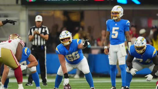 Aug 20, 2026; Inglewood, California, USA; Los Angeles Chargers center Jake Slaughter (66) prepares to snap the ball to quarterback Trey Lance (5) in the first half against the San Francisco 49ers at SoFi Stadium. Aug 20, 2026; Inglewood, California, USA; Los Angeles Chargers center Jake Slaughter (66) prepares to snap the ball to quarterback Trey Lance (5) in the first half against the San Francisco 49ers at SoFi Stadium.