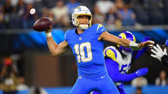 Justin Herbert throws 65-yard touchdown vs. Rams taken at The Bolt (Los Angeles Chargers). Photo by Gary A. Vasquez-Imagn Images