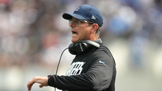 Sep 20, 2026; Inglewood, California, USA; Los Angeles Chargers head coach Jim Harbaugh looks on against the Las Vegas Raiders during the first half at SoFi Stadium. Sep 20, 2026; Inglewood, California, USA; Los Angeles Chargers head coach Jim Harbaugh looks on against the Las Vegas Raiders during the first half at SoFi Stadium.