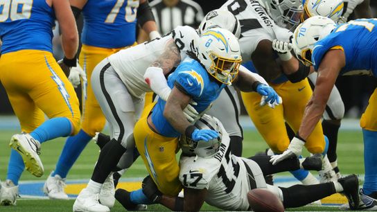 Sep 20, 2026; Inglewood, California, USA; Las Vegas Raiders linebacker Nakobe Dean (17) forces a fumble against Los Angeles Chargers running back Omarion Hampton (8) during the second half at SoFi Stadium. Sep 20, 2026; Inglewood, California, USA; Las Vegas Raiders linebacker Nakobe Dean (17) forces a fumble against Los Angeles Chargers running back Omarion Hampton (8) during the second half at SoFi Stadium.