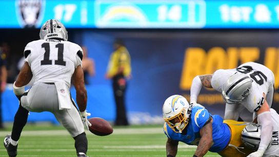 Sep 20, 2026; Inglewood, California, USA; Las Vegas Raiders safety Jeremy Chinn (11) recovers a fumble against the Los Angeles Chargers during the second half at SoFi Stadium. Sep 20, 2026; Inglewood, California, USA; Las Vegas Raiders safety Jeremy Chinn (11) recovers a fumble against the Los Angeles Chargers during the second half at SoFi Stadium.