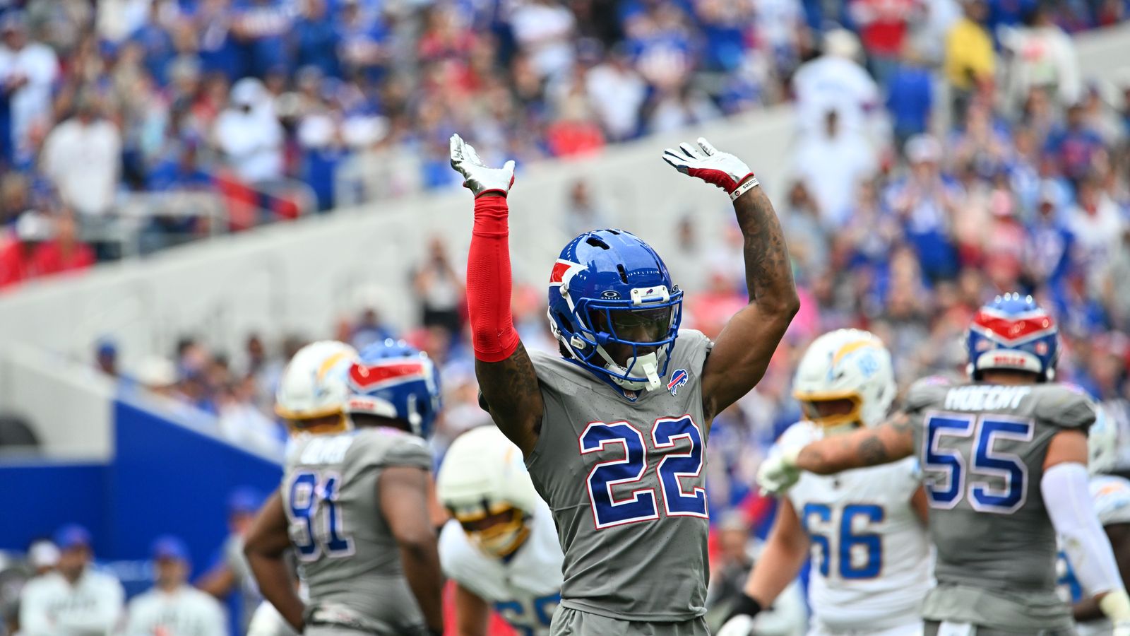 Sep 27, 2026; Orchard Park, New York, USA; Buffalo Bills safety C.J. Gardner-Johnson (22) reacts in the third quarter against the Los Angeles Chargers at New Highmark Stadium.