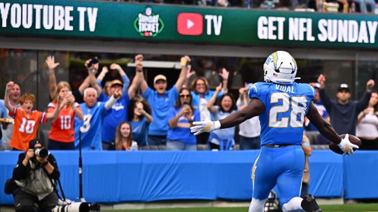 Oct 11, 2026; Inglewood, California, USA; Los Angeles Chargers running back Kimani Vidal (28) scores a touchdown against the Denver Broncos during the second half at SoFi Stadium. Oct 11, 2026; Inglewood, California, USA; Los Angeles Chargers running back Kimani Vidal (28) scores a touchdown against the Denver Broncos during the second half at SoFi Stadium.