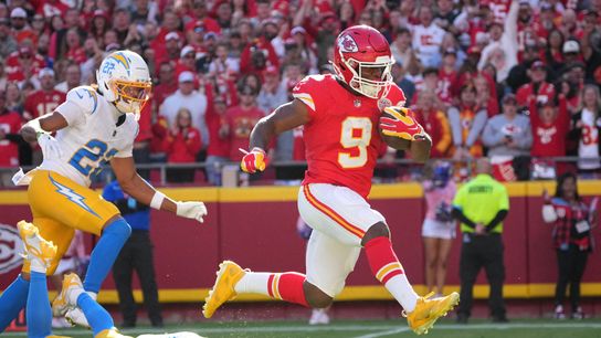 Oct 18, 2026; Kansas City, Missouri, USA; Kansas City Chiefs running back Kenneth Walker III (9) rushes and breaks a tackle from Los Angeles Chargers cornerback Tarheeb Still (4) during the first quarter at GEHA Field at Arrowhead Stadium. Oct 18, 2026; Kansas City, Missouri, USA; Kansas City Chiefs running back Kenneth Walker III (9) rushes and breaks a tackle from Los Angeles Chargers cornerback Tarheeb Still (4) during the first quarter at GEHA Field at Arrowhead Stadium.