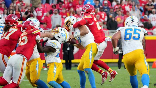 Oct 18, 2026; Kansas City, Missouri, USA; Los Angeles Chargers quarterback Justin Herbert (10) is sacked by Kansas City Chiefs defensive back Chamarri Conner (27) during the fourth quarter at GEHA Field at Arrowhead Stadium. Oct 18, 2026; Kansas City, Missouri, USA; Los Angeles Chargers quarterback Justin Herbert (10) is sacked by Kansas City Chiefs defensive back Chamarri Conner (27) during the fourth quarter at GEHA Field at Arrowhead Stadium.