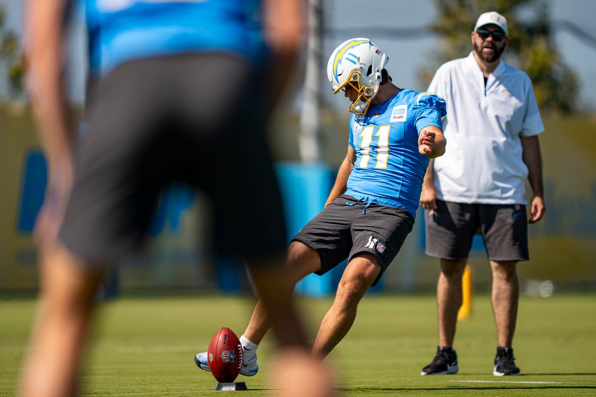 Los Angeles Chargers kicker Cameron Dicker (11) during Chargers training camp at The Bolt on Friday, July 31th in El Segundo, CA. Los Angeles Chargers kicker Cameron Dicker (11) during Chargers training camp at The Bolt on Friday, July 31th in El Segundo, CA.