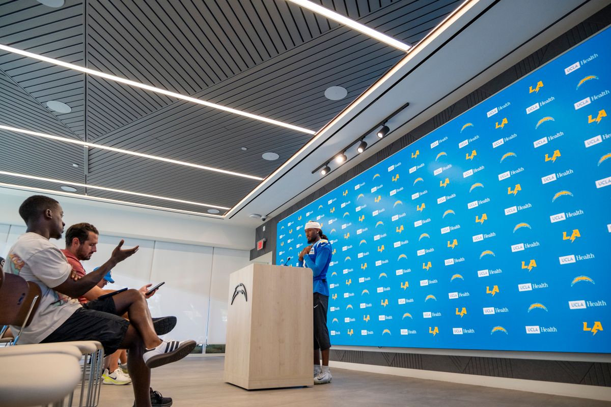Los Angeles Chargers wide receiver Quentin Johnston (1) addressing media during Chargers training camp at The Bolt on Friday, July 31st in El Segundo, CA. Los Angeles Chargers wide receiver Quentin Johnston (1) addressing media during Chargers training camp at The Bolt on Friday, July 31st in El Segundo, CA.