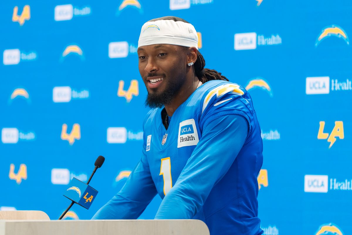 Los Angeles Chargers wide receiver Quentin Johnston (1) addressing media during Chargers training camp at The Bolt on Friday, July 31st in El Segundo, CA. Los Angeles Chargers wide receiver Quentin Johnston (1) addressing media during Chargers training camp at The Bolt on Friday, July 31st in El Segundo, CA.