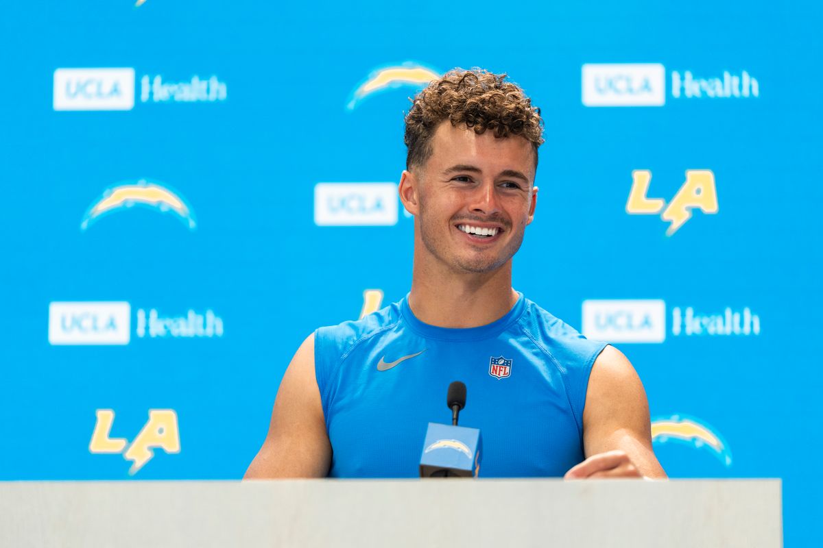 Los Angeles Chargers wide receiver Ladd McConkey (15) addressing media during Chargers training camp at The Bolt on Friday, July 31st in El Segundo, CA. Los Angeles Chargers wide receiver Ladd McConkey (15) addressing media during Chargers training camp at The Bolt on Friday, July 31st in El Segundo, CA.