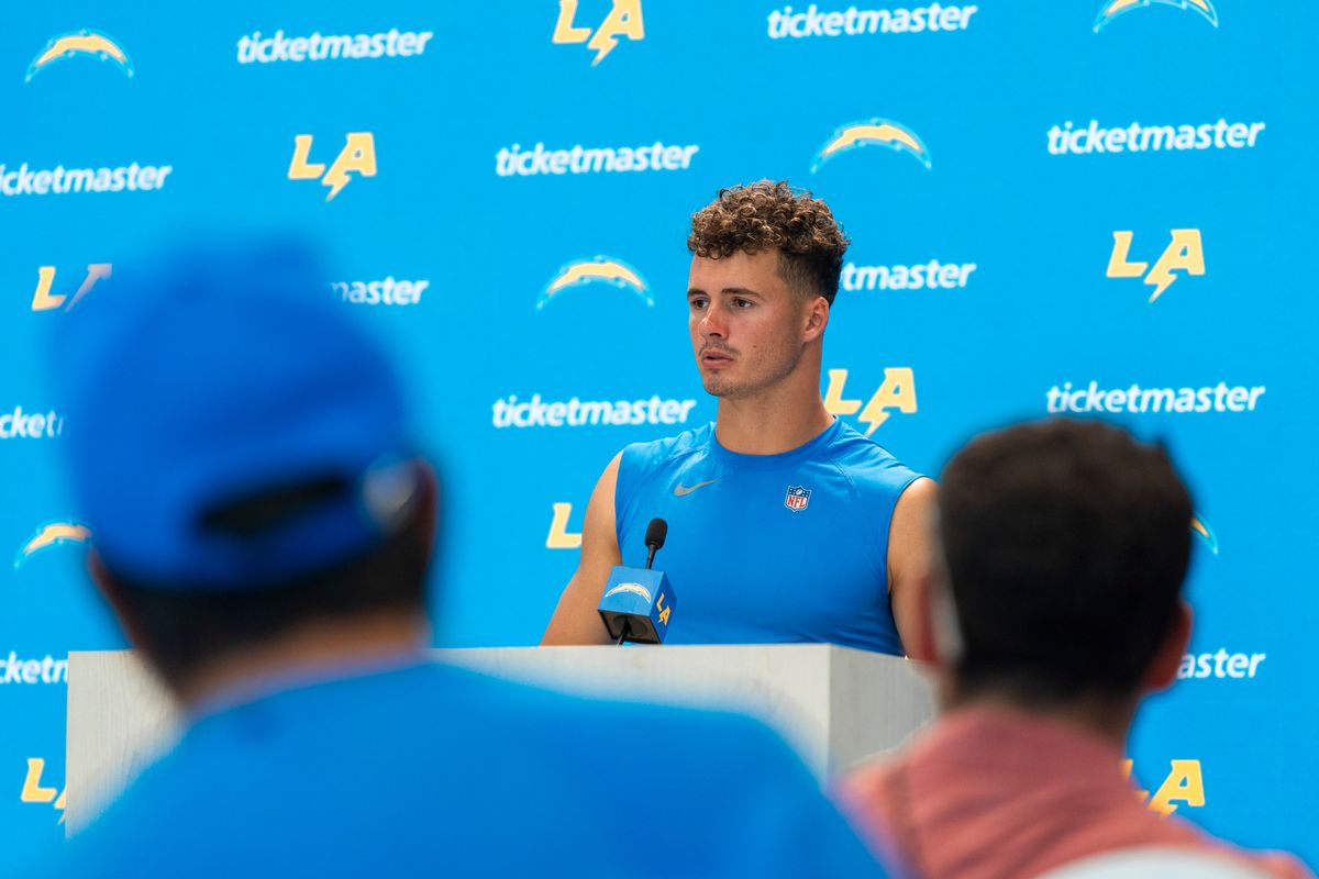 Los Angeles Chargers wide receiver Ladd McConkey (15) addressing media during Chargers training camp at The Bolt on Friday, July 31st in El Segundo, CA. Los Angeles Chargers wide receiver Ladd McConkey (15) addressing media during Chargers training camp at The Bolt on Friday, July 31st in El Segundo, CA.