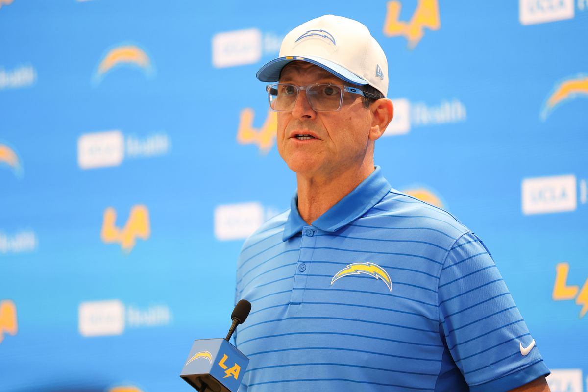 Los Angeles Chargers Head Coach Jim Harbaugh speaks with media during Chargers training camp at The Bolt on Saturday, August 1, 2026 in El Segundo, CA.