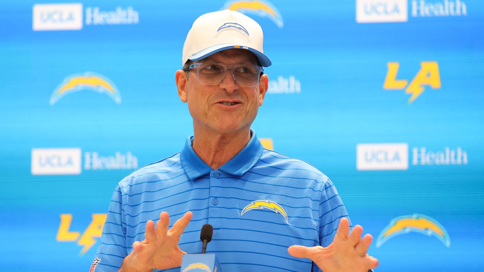 Los Angeles Chargers Head Coach Jim Harbaugh speaks with media during Chargers training camp at The Bolt on Saturday, August 1, 2026 in El Segundo, CA. Los Angeles Chargers Head Coach Jim Harbaugh speaks with media during Chargers training camp at The Bolt on Saturday, August 1, 2026 in El Segundo, CA.
