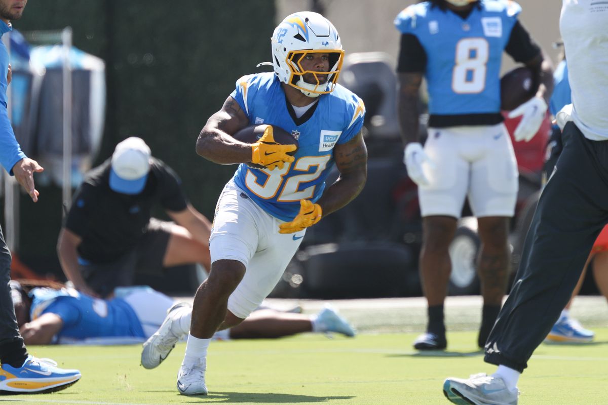 Los Angeles Chargers running back Jaret Patterson (32) participates in drills during Chargers training camp at The Bolt on Saturday, August 1, 2026 in El Segundo, CA.