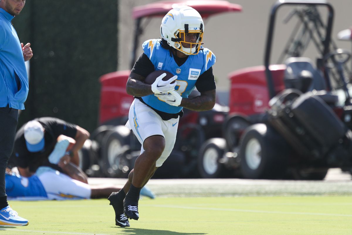 Los Angeles Chargers running back Omarion Hampton (8) participates in drills during Chargers training camp at The Bolt on Saturday, August 1, 2026 in El Segundo, CA.