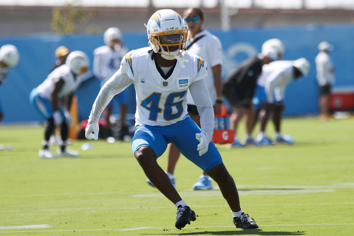 Los Angeles Chargers defensive back Nikko Reed (46) participates in drills during Chargers training camp at The Bolt on Saturday, August 1, 2026 in El Segundo, CA.
